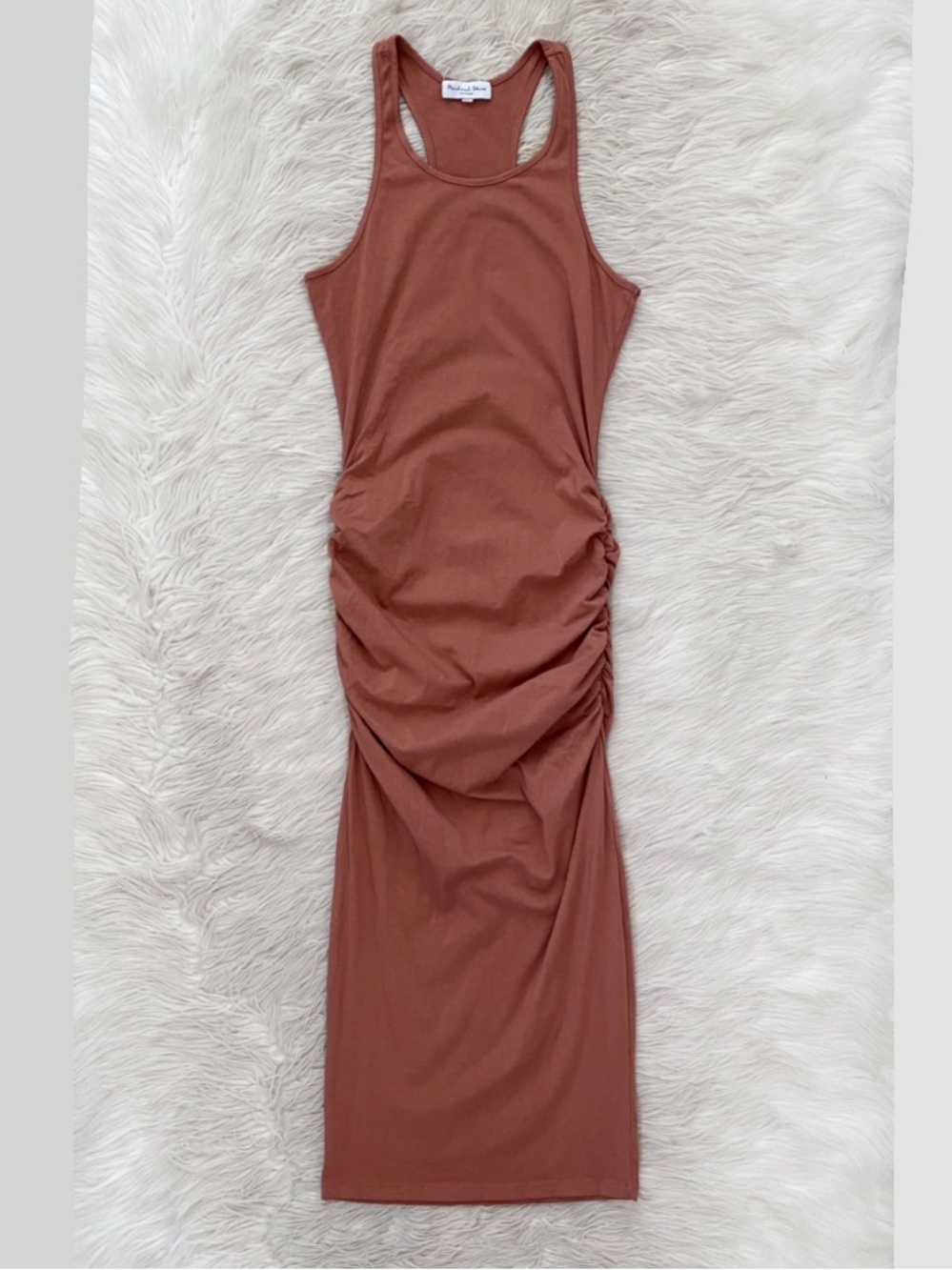 Michael Stars Cotton Vivian Racerback Midi Dress Whiskey Tan Bodycon Ruched M